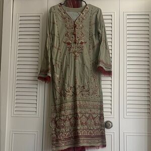 Embroidered Sage Green Women's Dress with Red Accents